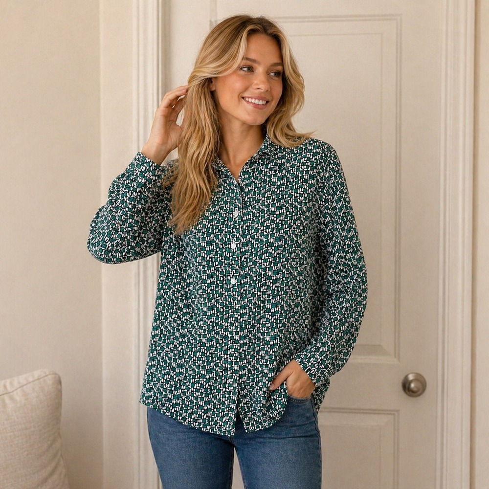 Talbots Petites Green Geometric Mosaic Print Tencel Lyocell Button Down Shirt MP